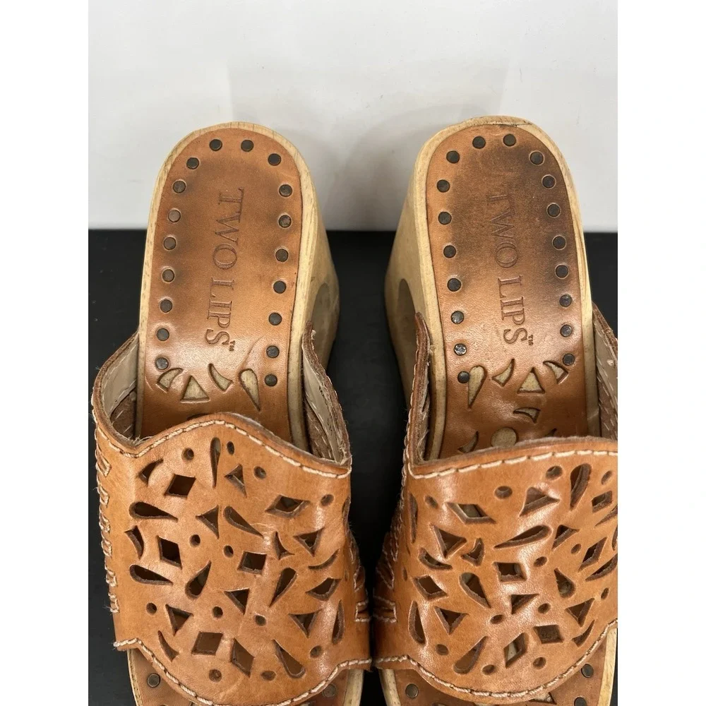 Y2K Vintage Wedge Sandals 5 Tan Leather Chunky Platform Wooden Block Heel Cutout